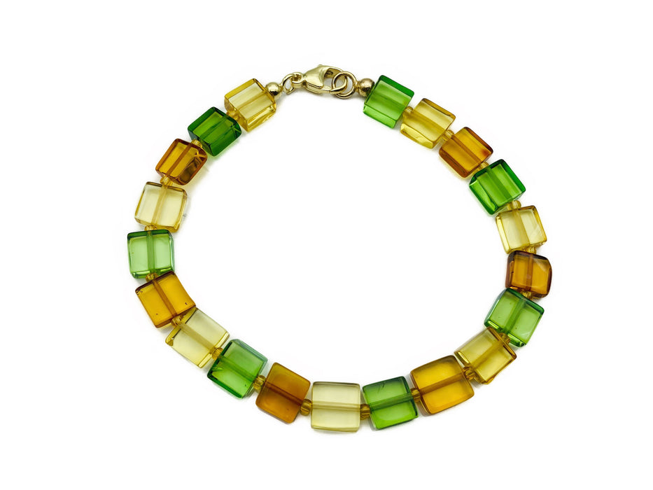 Armband Karibischer Bernstein mit grünen,gelben und braunen Würfeln