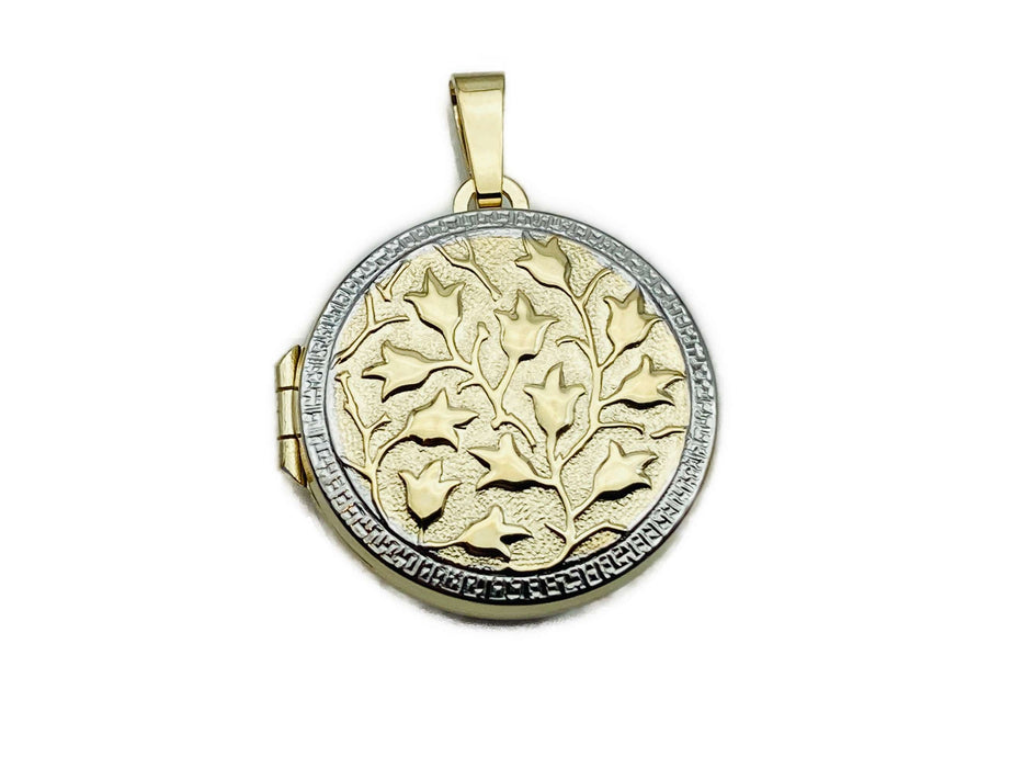 Anhänger Medaillon mit Blütenranke und Weißgoldrahmen | Gold