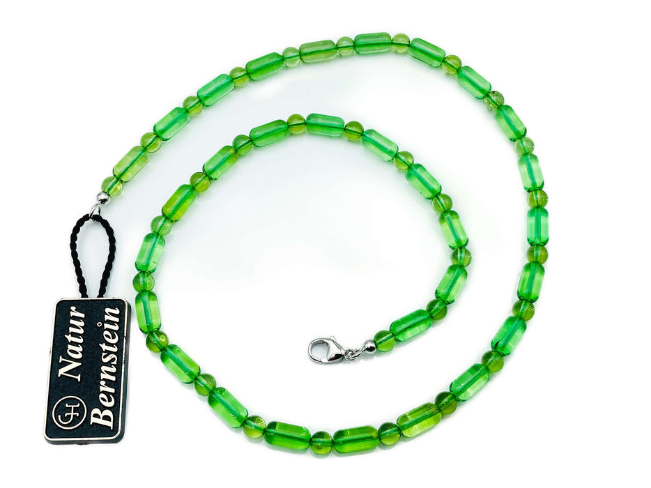 Collier mit länglichen und runden Kugeln aus grünem Bernstein | Silber