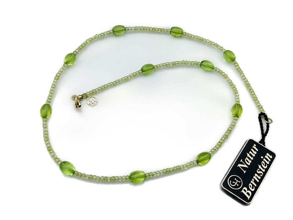 Collier mit grünem Bernstein und Zirkonia | Silber vergoldet