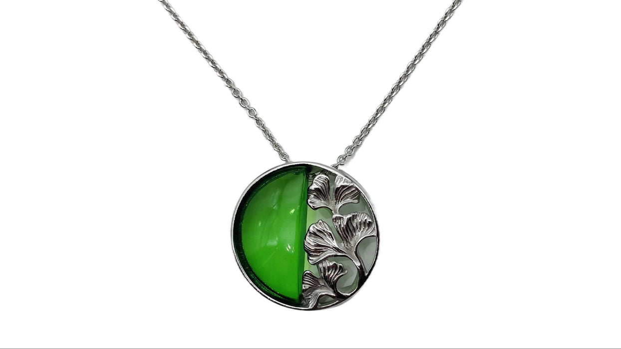 Collier mit Karibischem Bernstein und Gingko-Blättern | Silber