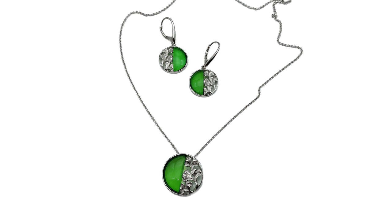 Collier mit Karibischem Bernstein und Gingko-Blättern | Silber