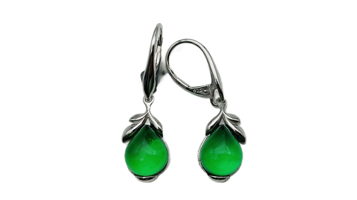 Ohrhänger mit grünem Bernstein Blätterranke | Silber