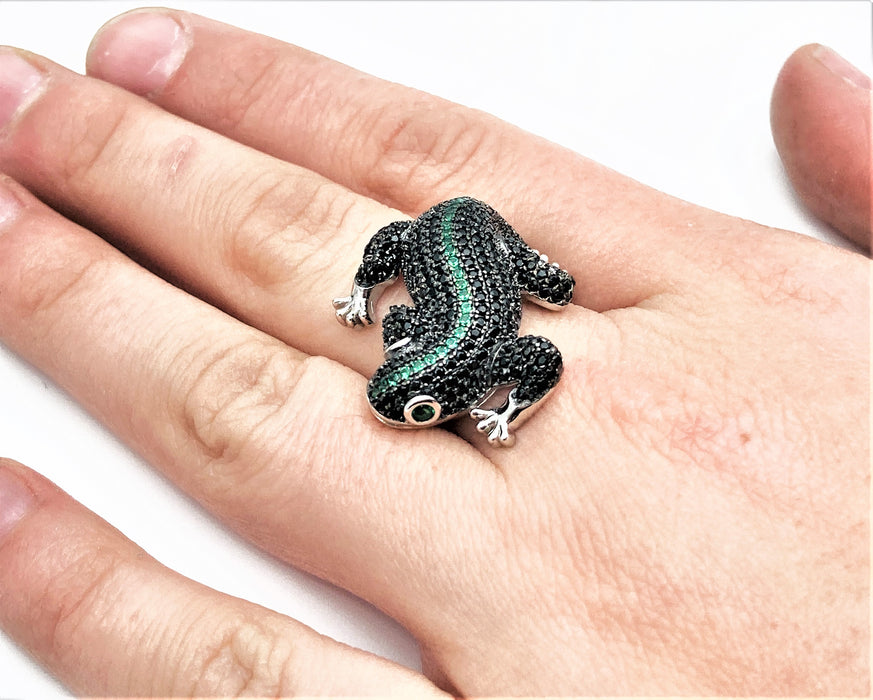 Ring Salamander mit schwarzen und gruenen Zirkonia | Silber